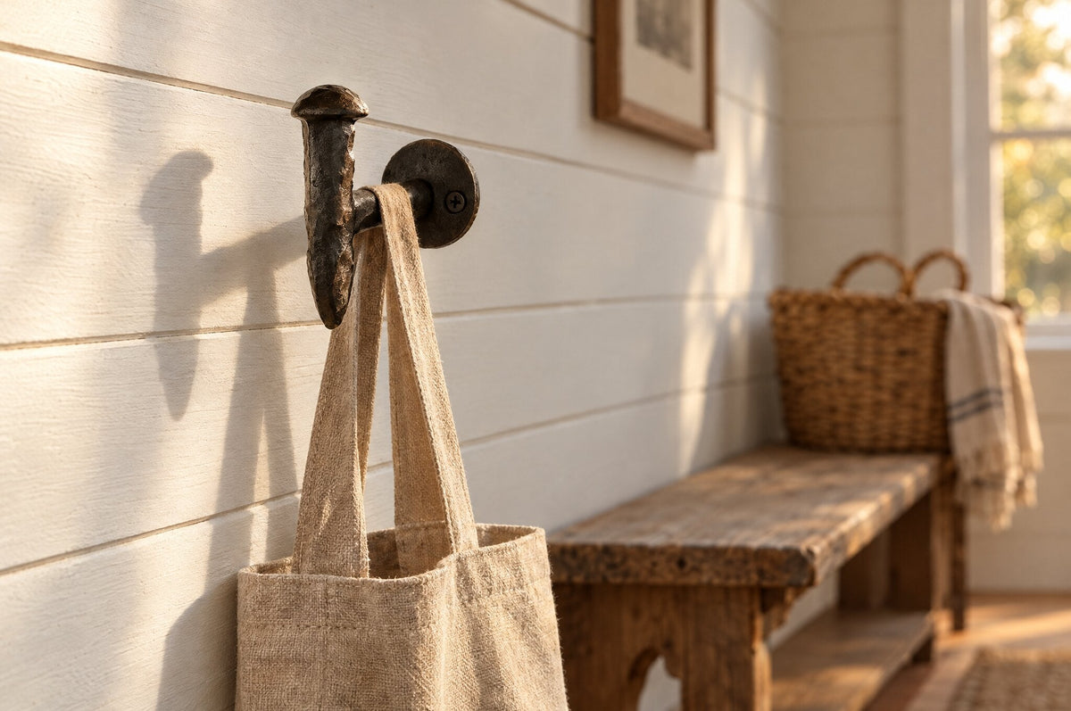 Cast iron railroad spike hook on a round wall plate holding a linen tote bag on a white shiplap wall, low afternoon light beside an oak bench