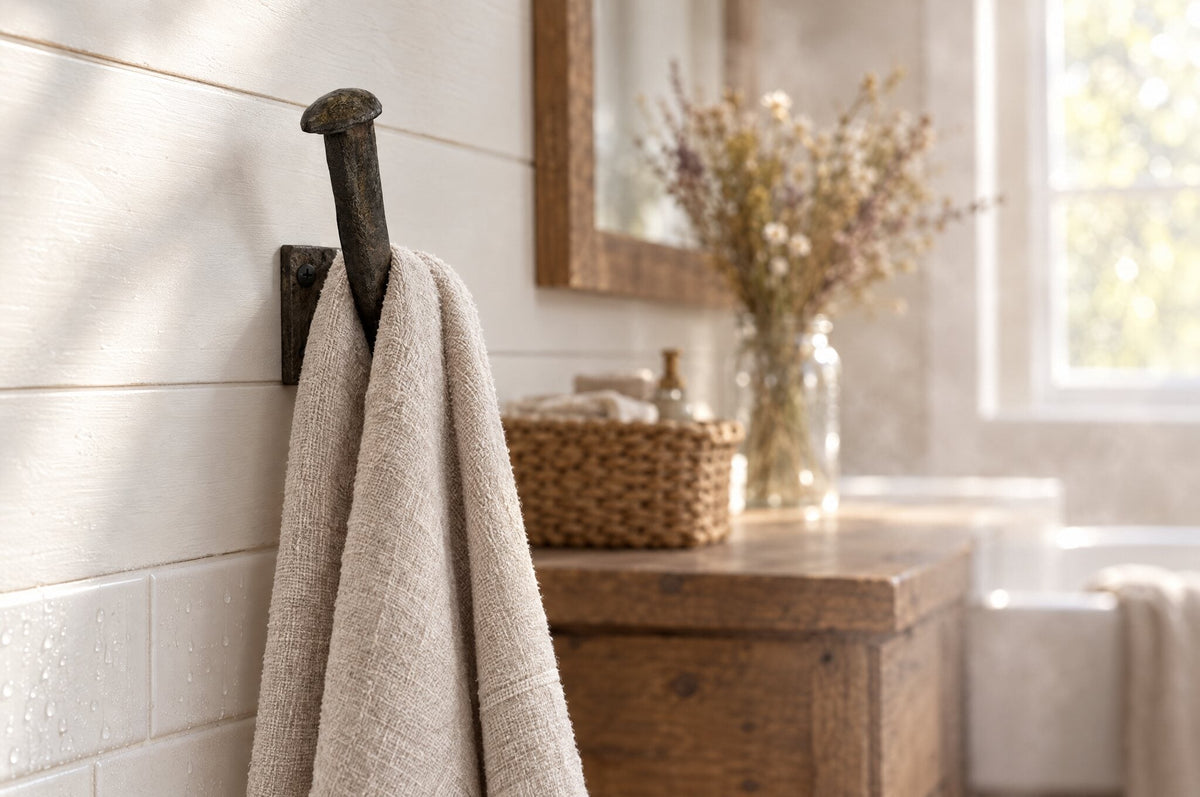 Cast iron railroad spike hook holding a linen hand towel on a white shiplap wall, with condensation on the tiles below