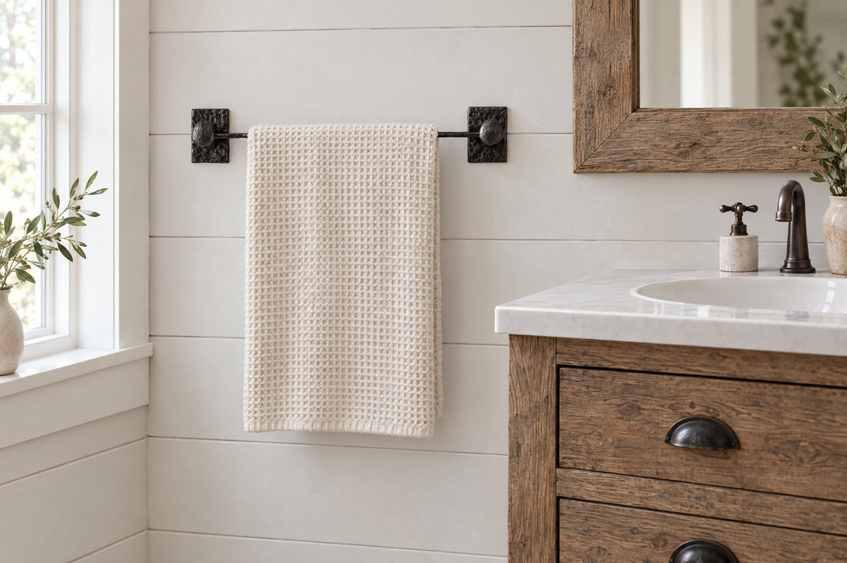 Cast iron towel bar holding a cream waffle towel on a white shiplap wall beside an oak vanity and a wood-framed mirror