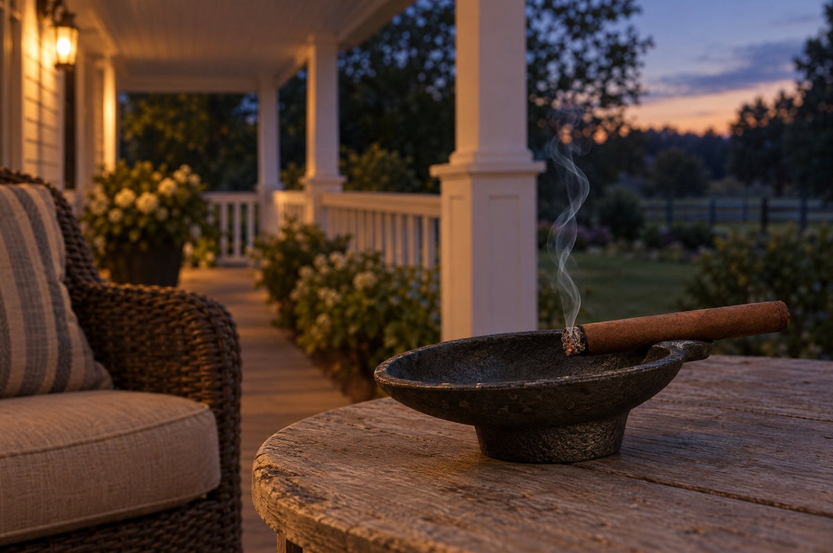 A cast iron cigar ashtray on a weathered wooden table on a covered farmhouse porch at dusk, a cigar resting with its lit end over the bowl, a cushioned wicker chair to the left