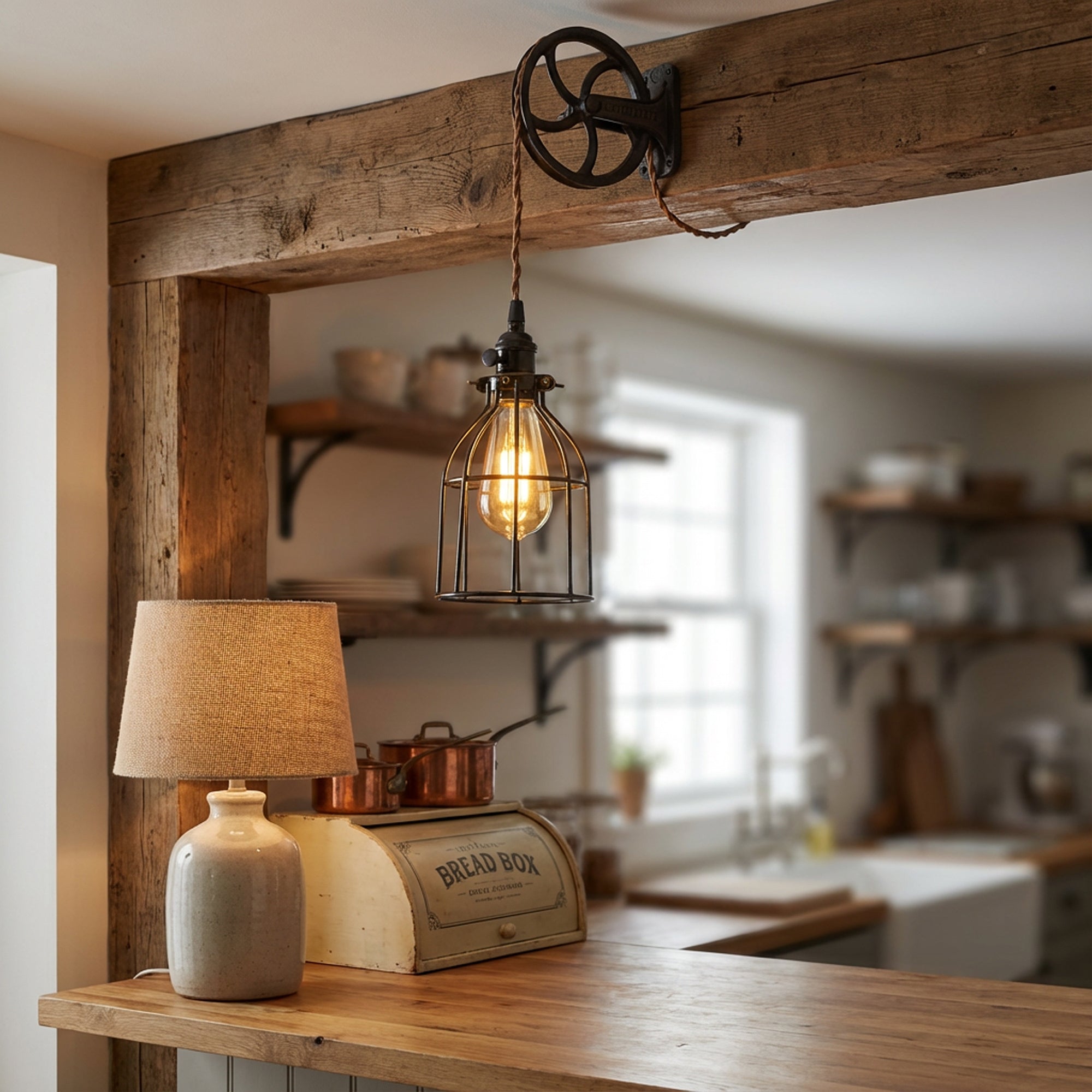 Nostalgic kitchen scene with wooden beams, a lamp, and a bread box.