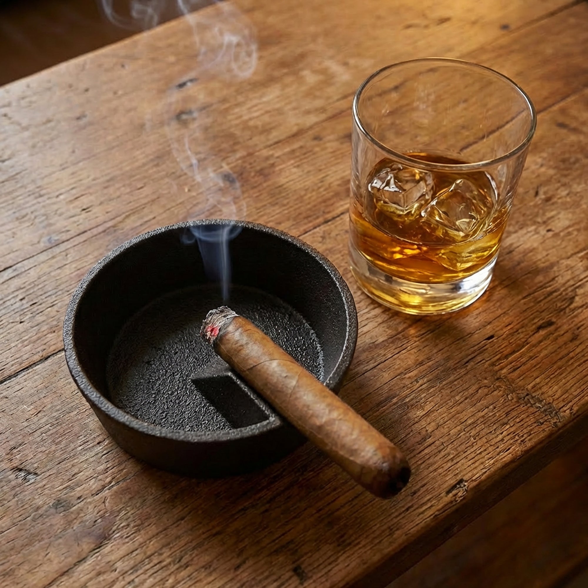 Cigar in an ashtray with a glass of whiskey on a wooden table