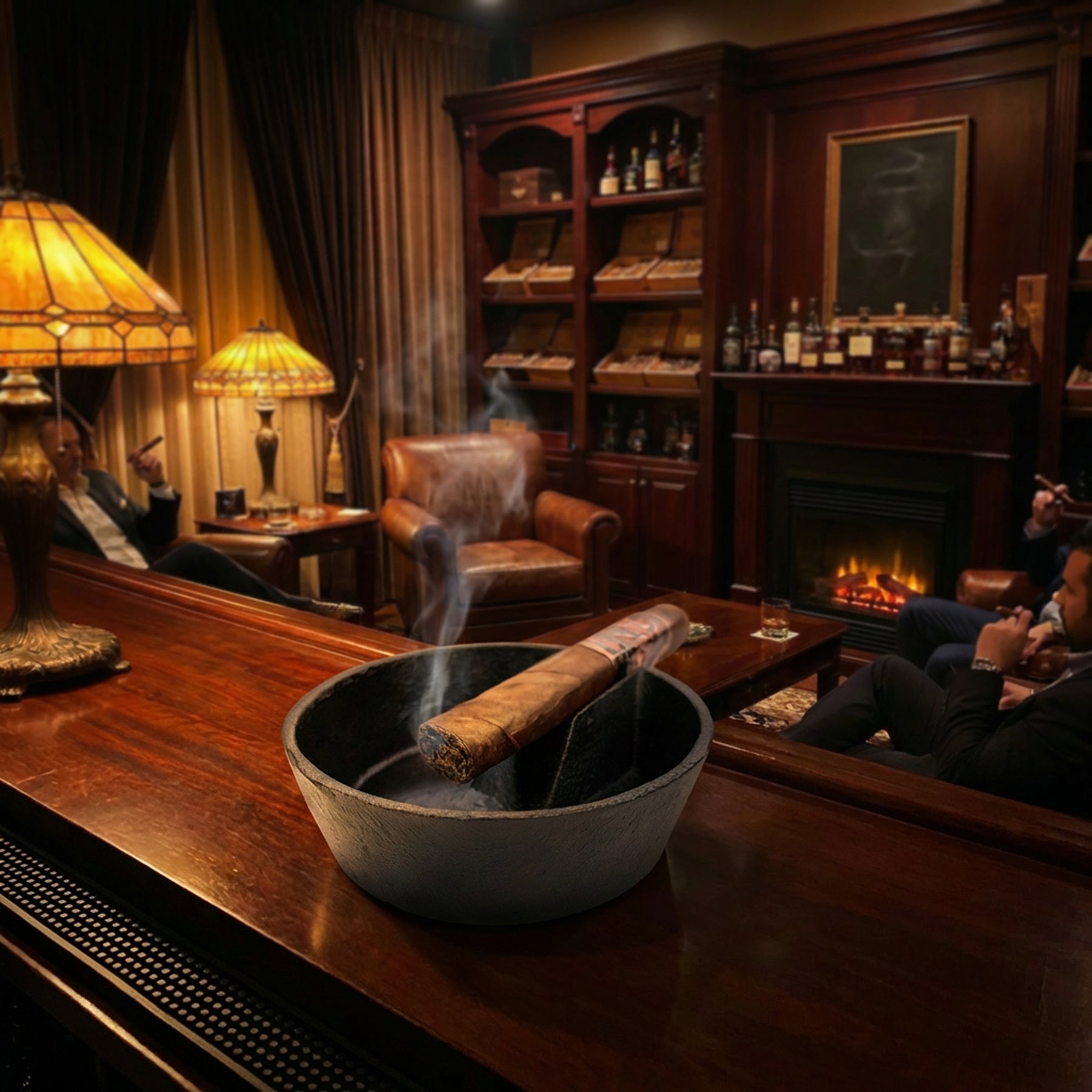 Luxurious bar scene with smoking activity, dim lighting, and wooden decor.