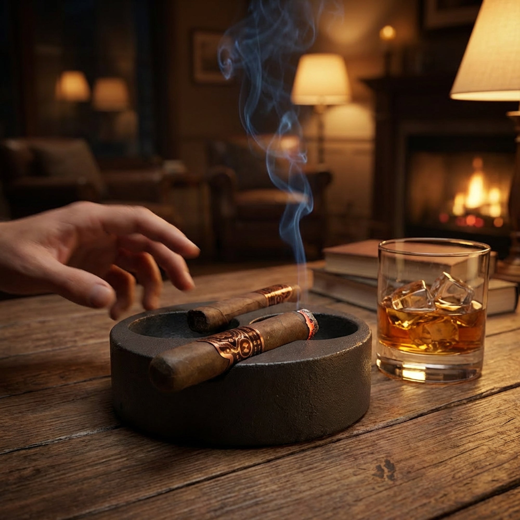 Cigar on a cast iron ash tray and glass of whiskey on a wooden table with a cozy background