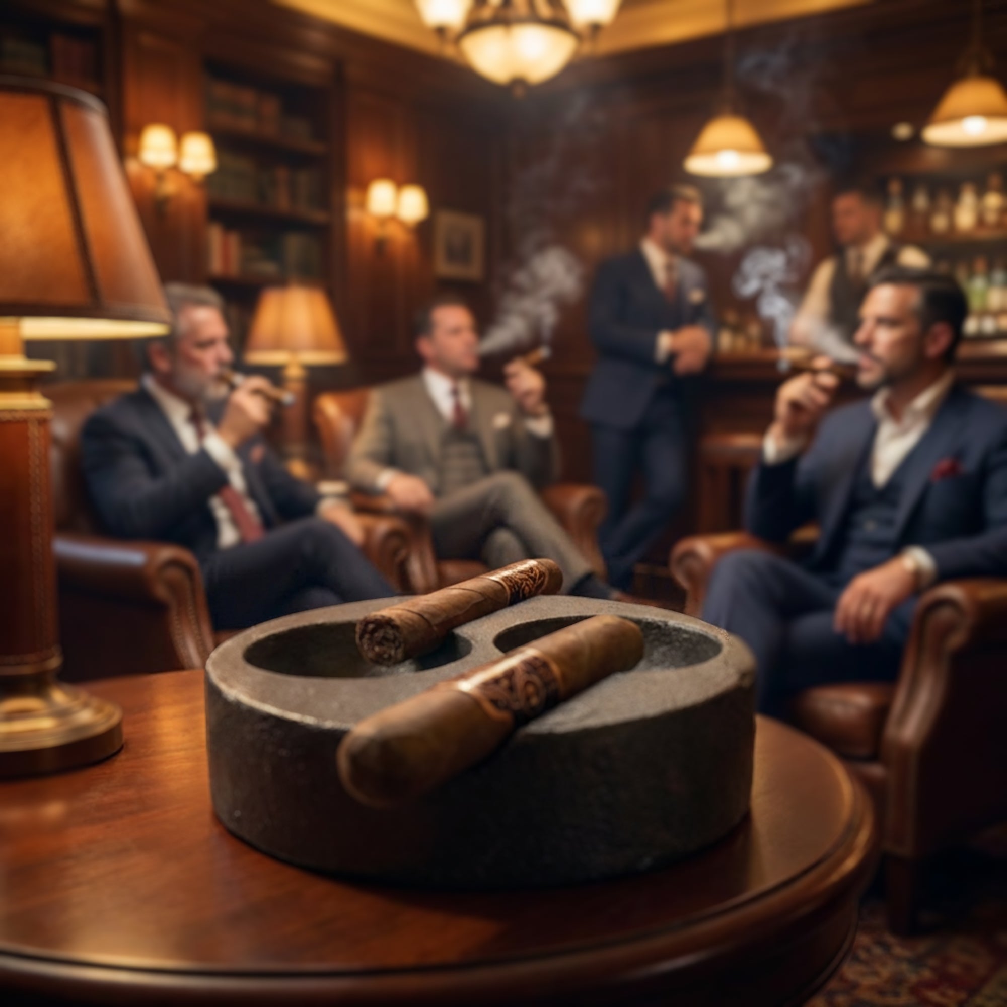Men in suits smoking cigars in a dimly lit bar with an ashtray on a table.
