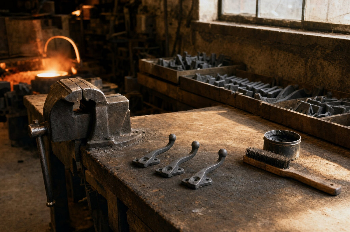 Three rough sand-cast iron wall hooks on a foundry finishing bench, beside a bench vise and a wire brush
