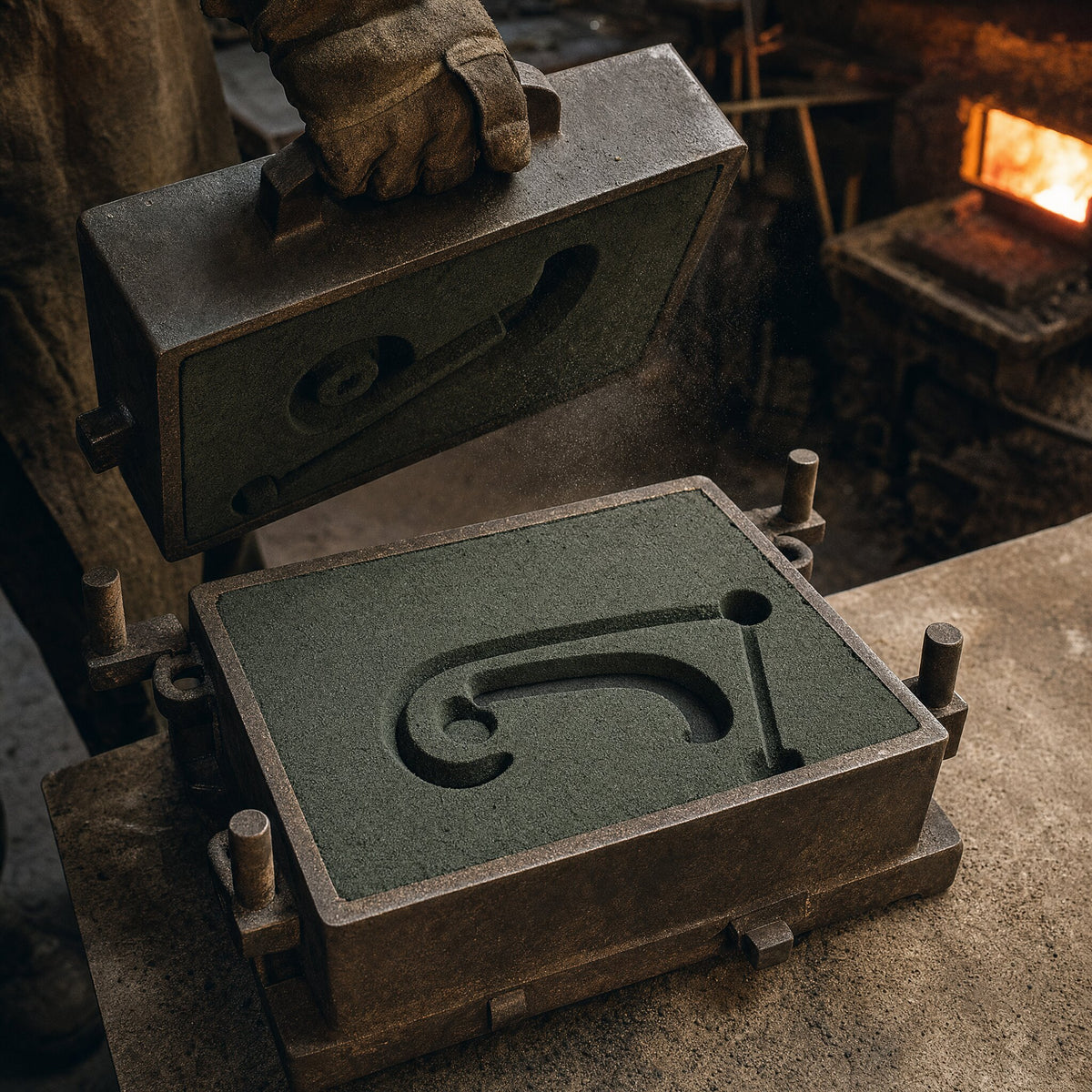 An open two part green sand mould in a steel flask, the cavity of a hook pressed into the sand