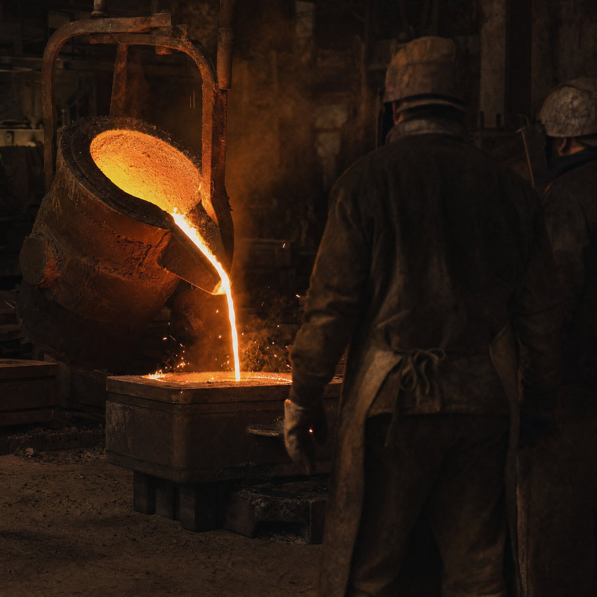 Molten iron pouring from a ladle into a sand mould on the foundry floor