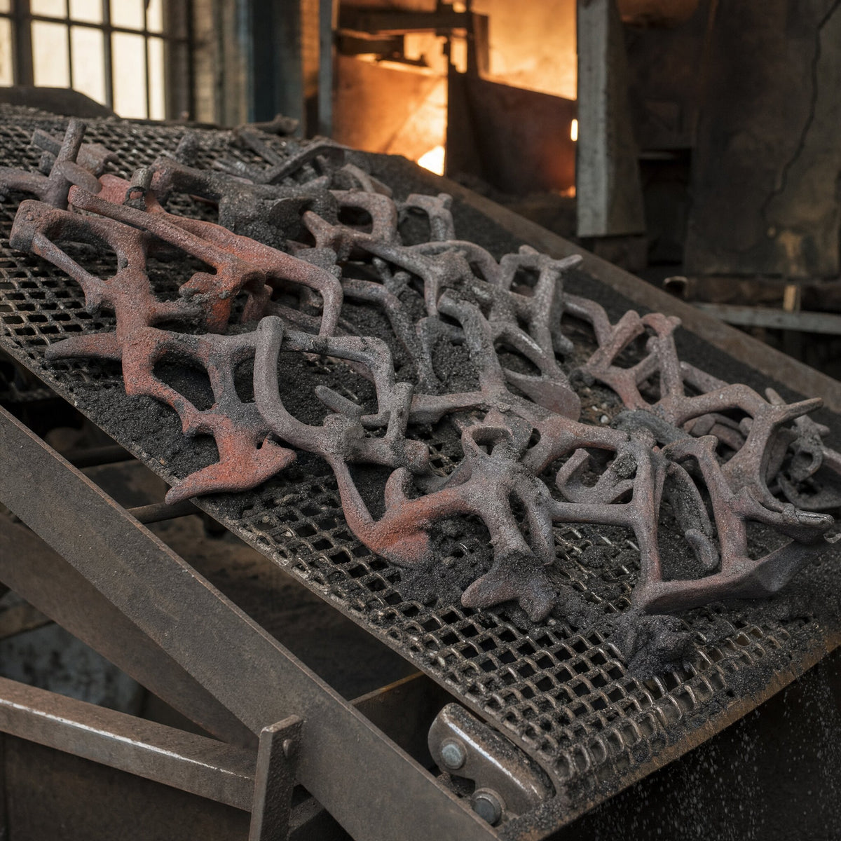 Cast iron hooks still attached to their gates and runners on a shakeout conveyor, covered in burnt sand