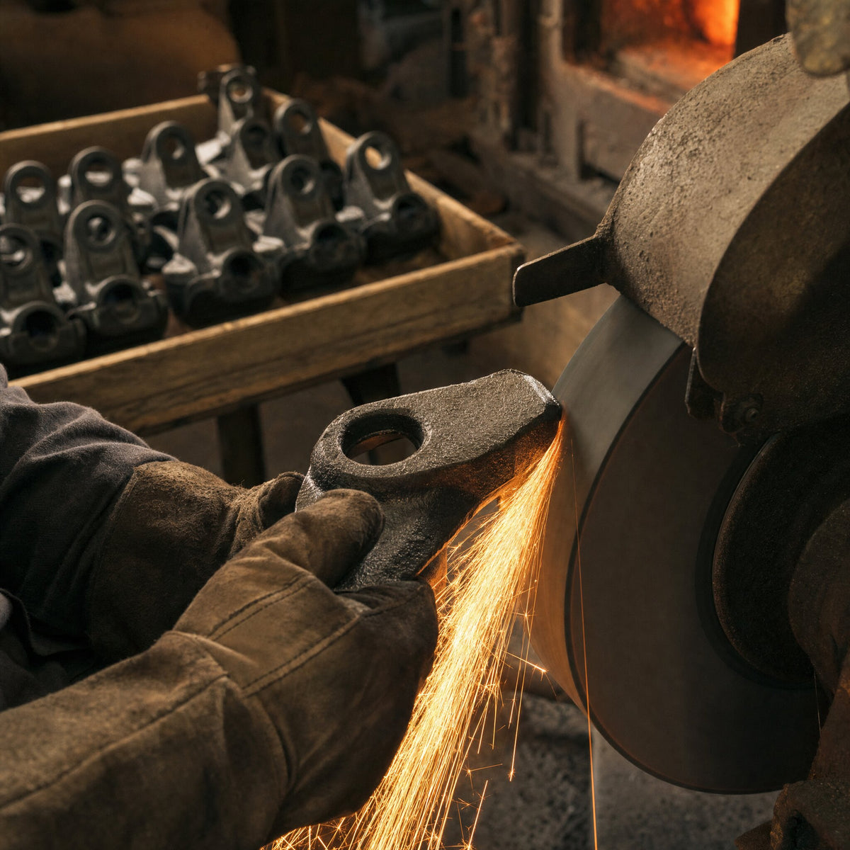 A gloved hand grinding the parting line off a cast iron piece against a bench grinder