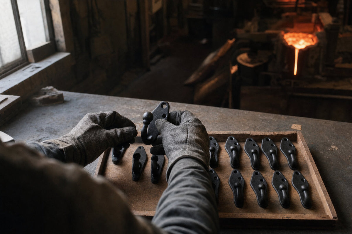 Gloved hands laying a finished matte black cast iron wall hook into a wooden tray of castings